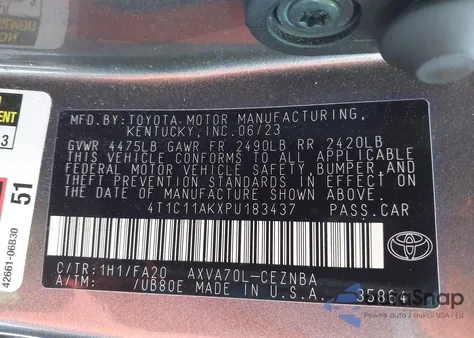 2023 Toyota Camry Le z USA, uszkodzony, nr VIN 4T1C11AKXPU183437